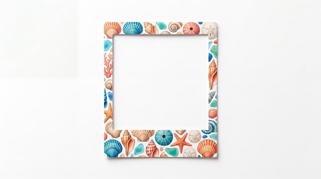 Square photo frame decorated with colorful sea shells