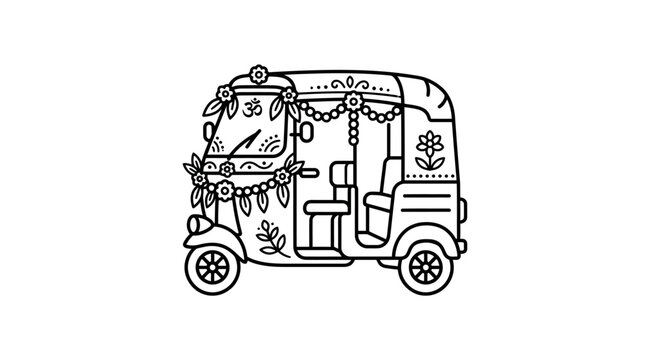 A detailed black and white line art illustration of a traditional Indian auto rickshaw decorated with flowers.