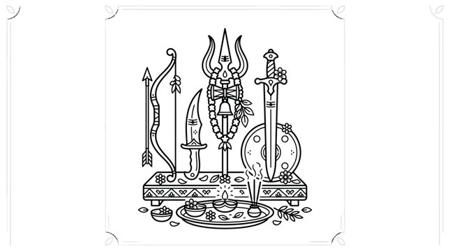 Line art illustration of traditional Hindu religious weapons and ritual items.