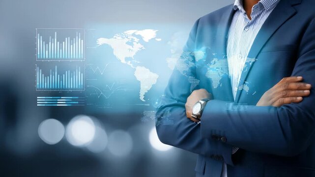 Confident business professional in a suit stands with folded arms, symbolizing leadership and success in a digital world. Futuristic graphs and data visualizations highlight innovation