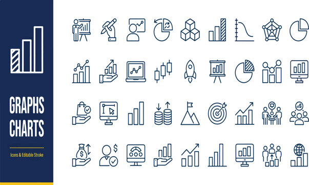 Collection of business charts and graphs thin line vector icons for data visualization and financial reporting with business reporting visualization analysis