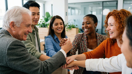 Fototapeta premium Diverse business team putting hands together in a huddle. Happy colleagues celebrating success in modern office. Teamwork and cooperation concept