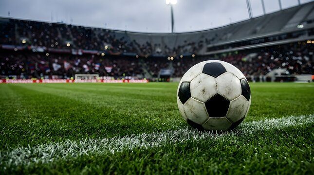 A soccer ball on a stadium pitch with spectators in the background, symbolizing football competition, athletic performance, outdoor sport, training, teamwork, and matchday action.