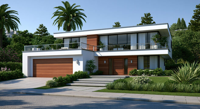 Contemporary White and Wood House with Palm Trees and Landscaped Front Yard
