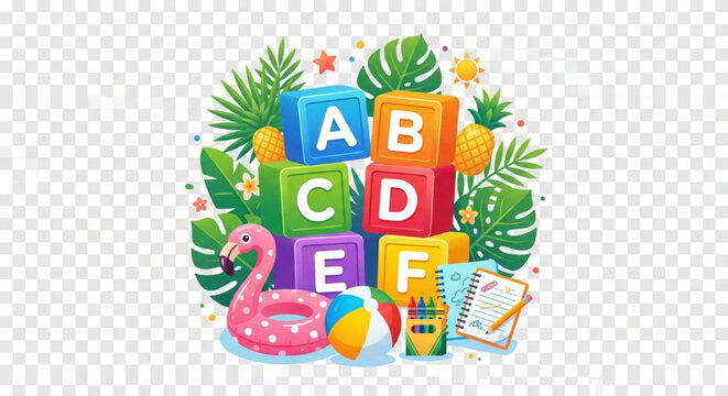 Colorful alphabet blocks with tropical summer elements, educational toy cubes with ABC letters, preschool learning vector illustration with flamingo and beach ball