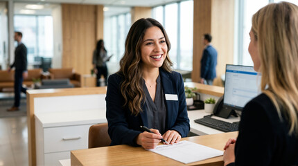 Obraz premium Smiling female employee with name tag assisting customer at counter. Corporate representative holding pen over document in modern office