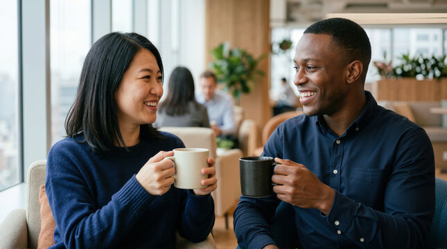 Diverse coworkers talking during coffee break in office lounge. Smiling Asian woman and Black man holding mugs and chatting
