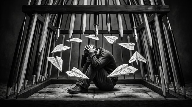 Person trapped in a pencil birdcage. Conceptual image of creative block and mental stress. Burnout