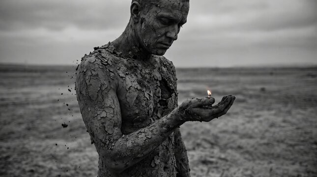 Man covered in earth holding a small flame. Conceptual portrait of rebirth and survival. Burnout