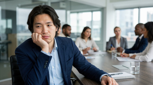 Bored East Asian businessman resting chin on hand during a meeting. Tired and disengaged professional man sitting at conference table with colleagues in background
