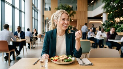Obraz premium Smiling businesswoman having lunch in modern corporate cafeteria. Female employee eating salad at office canteen. Healthy lunch break concept