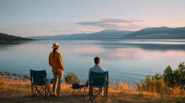 Two people relax in camping chairs by a tranquil lake at sunset, surrounded by golden grass and distant mountains. The peaceful scene captures outdoor adventure and serene nature moments