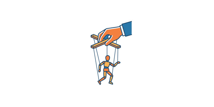 Hand manipulating a robot puppet with strings in a control concept illustration.