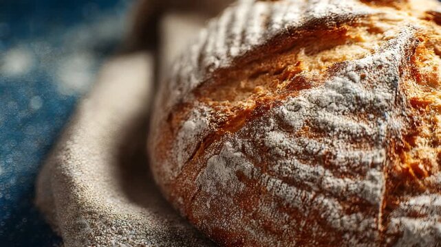 Freshly baked rustic bread loaf with a golden crust and dusting of flour, resting on a textured linen cloth. Artisan bakery style close up perfect for food and culinary themes