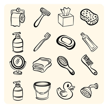 Bathroom Hygiene Accessories Doodles Set, Daily Self Care Toiletries Clipart