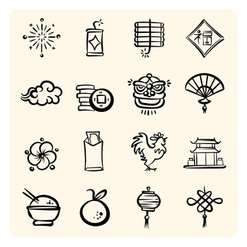 Chinese New Year Lunar Spring Festival Doodles Set, Traditional Cultural Icons