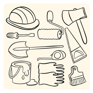 Construction Work Tools and Handyman Equipment Line Art Set