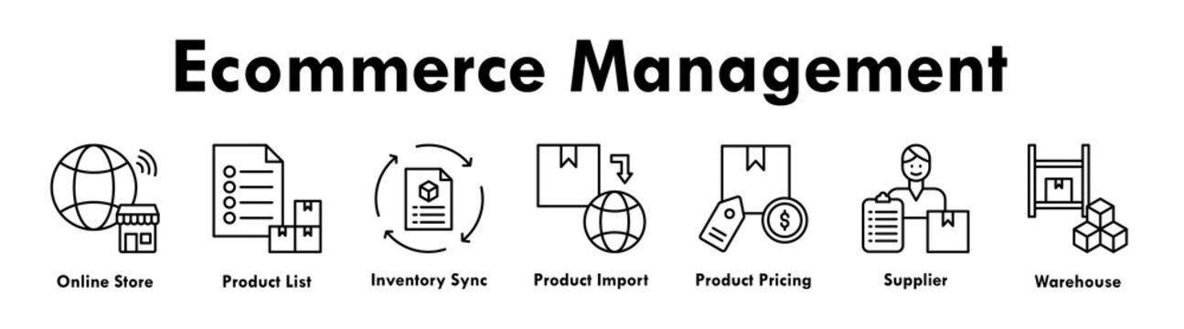 Ecommerce Management banner web icon illustration concept with icon of online store, product list, inventory sync, product import, product pricing, supplier, and warehouse