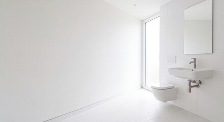 Fototapeta premium Minimalist white bathroom with a blank wall, sink, and large window