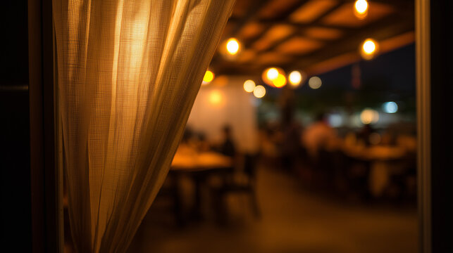 noren. Peering past a raised noren curtain to see warm illumination and silhouettes within the eatery. real-estate listings.