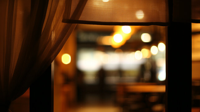 noren. Peering past a raised noren curtain to see warm illumination and silhouettes within the eatery. real-estate listings.