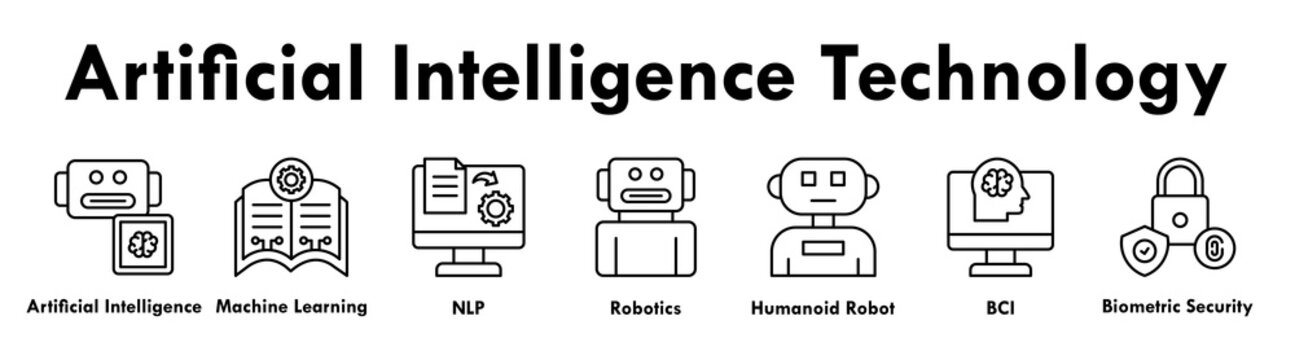 Artificial Intelligence Technology banner web icon illustration concept with icon of AI, machine learning, NLP, robotics, humanoid robot, brain computer interface, and biometric security