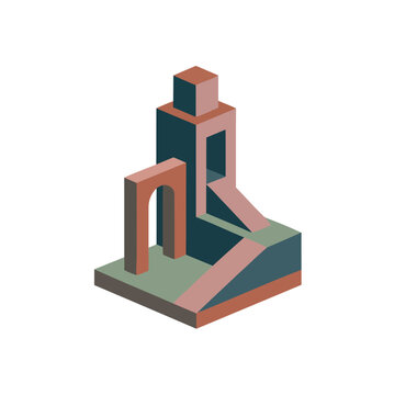 Minimalist Isometric Architectural Structure Featuring Geometric Shapes and Impossible Geometry Concepts for Abstract Design