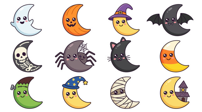 Halloween Themed Cartoon Moon Characters Collection.