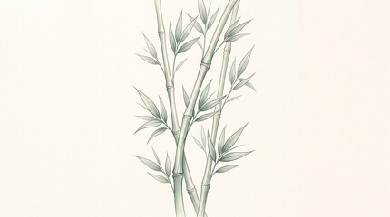 Fototapeta premium Traditional Asian Ink Wash Painting of Green Bamboo Stalks and Leaves, Zen Botanical Illustration Isolated on Solid Cream Background