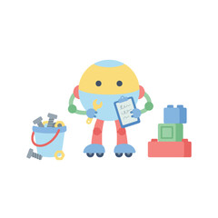 Fototapeta premium A cute round robot mechanic holding a wrench and clipboard stands between a bucket of bolts and colorful building blocks.
