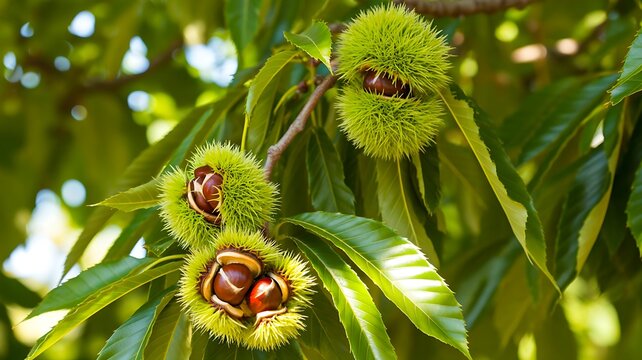 Sweet chestnut burrs with ripe chestnuts growing on tree branches in autumn nature