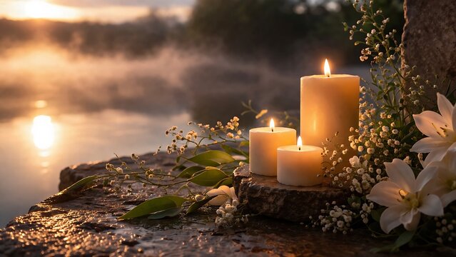 Three candles with white flowers on a stone by a misty lake at sunset