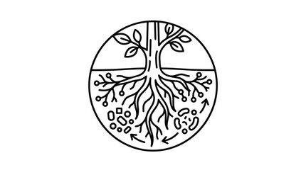 Sleek Black and White Minimalist Tree of Life Diagram with Roots Branches and Abstract Symbols Inside Circle © Primata