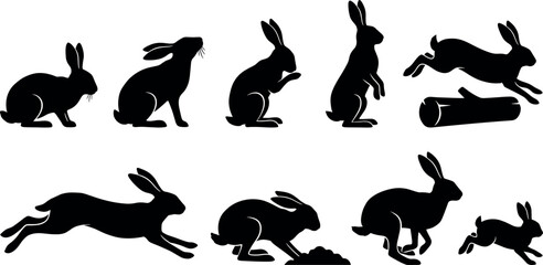 Wild rabbit and hare silhouette collection featuring jumping running alert standing and sitting forest bunny rodent animals vector graphics pack © MstAduri