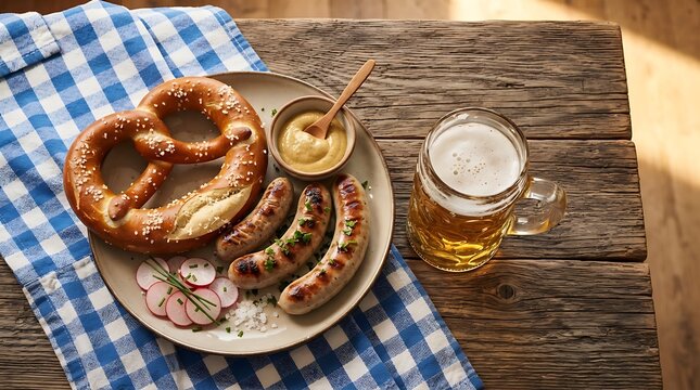 Traditional German bratwurst sausages served with a salty pretzel and cold beer in a mug for Oktoberfest celebration on a rustic wood background with blue checkered textile