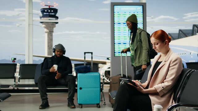 Businesswoman prepares at the airport for an overseas business flight as a female delegate representing a multinational company at a summit and headquarters meeting abroad during a work trip.