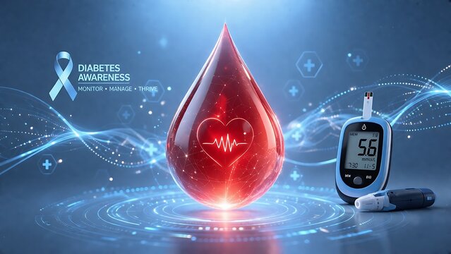 Diabetes awareness concept with blood drop, heart rate and glucose meter