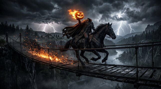 Headless Horseman Riding Black Horse Across Bridge with Flaming Jack-o'-lantern Pumpkin Head during Thunderstorm