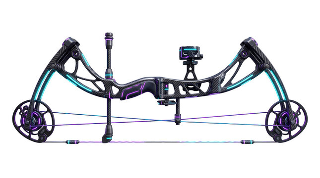 Modern compound bow with neon purple and teal accents, professional archery equipment for hunting and sport, high-tech carbon fiber bow on white background