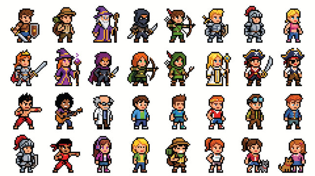 Pixel Art RPG Character Sprites Set for Game Design and Icons