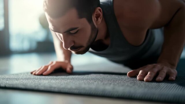 Close up view of a person performing push ups on a yoga mat in a modern gym environment. Focus on hands and arms highlights strength and fitness training motivation