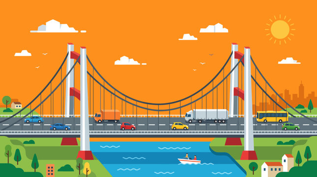Vector illustration of suspension bridge with traffic over river landscape