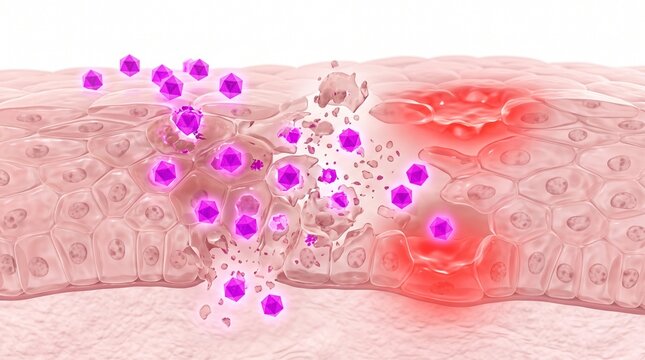 3D Microscopic Diagram of Coxsackievirus Causing Micro-Ulcers in Herpangina