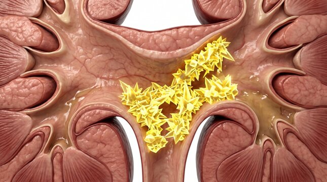 3D Microscopic Diagram of Calcium Oxalate Crystal Formation in Kidney Stones