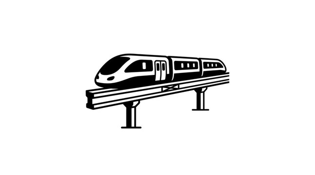 A black and white vector illustration of a modern monorail train traveling on an elevated track.