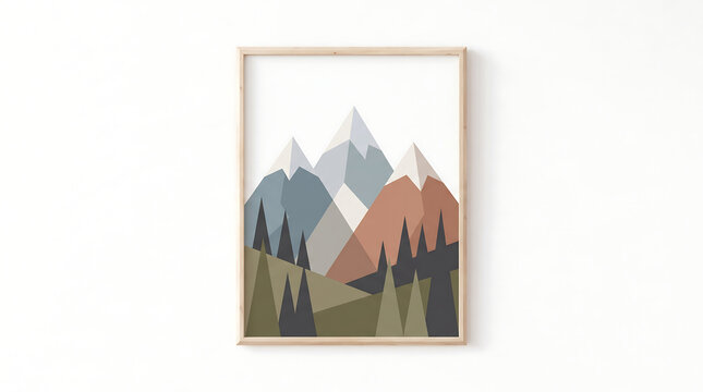 Minimalist framed print showcasing a contemporary geometric mountain range and forest on a white wall.