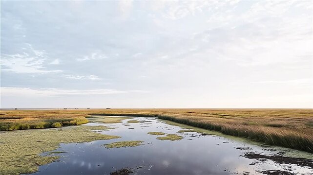 Aerial view of field with swamp and algae filled marsh at sunset. 
