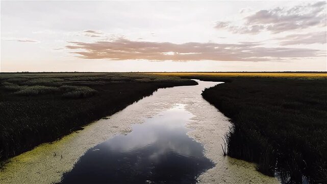 Aerial view of field with swamp and algae filled marsh at sunset. 
