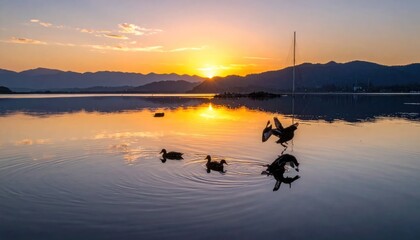 Naklejka premium Serene Sunset Over Calm Water with Ducks and Crane Silhouettes.