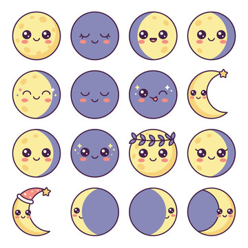 Cute Chibi Style Moon Faces Emotions Collection.